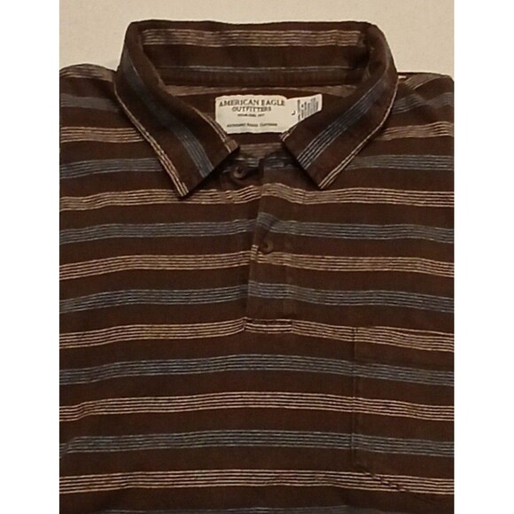 Vintage American Eagle Outfitters Brown Blue & Tan Striped Polo Shirt Men L - Picture 6 of 6